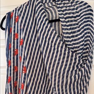 Striped Blue and White Scarf with Red Accents